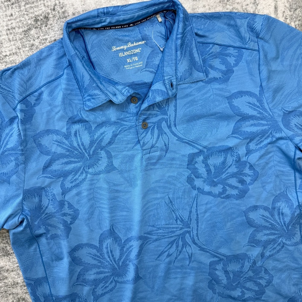 Tommy Bahama Polo Shirt Men XL Blue Delroy Fresco Floral Island Zone Performance
